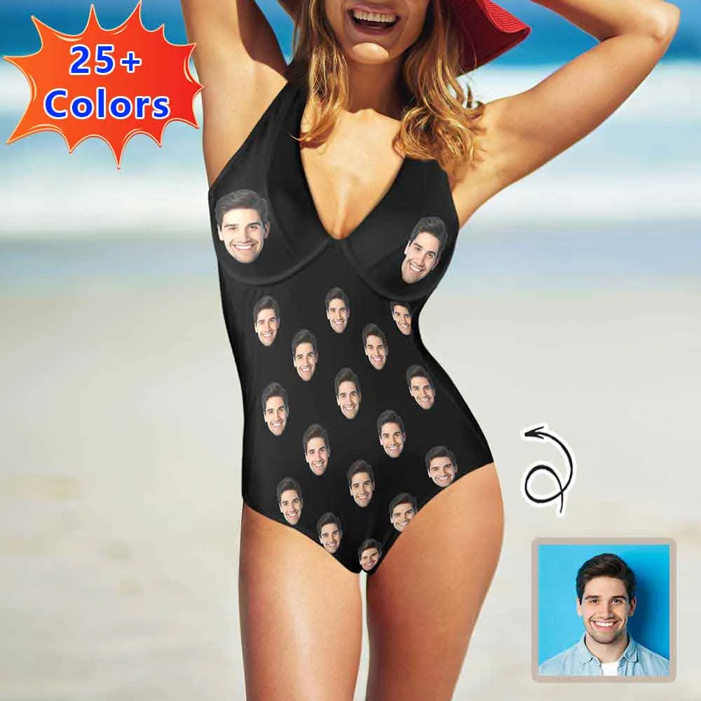 25  Colors Custom Face All Women's V-Neck One Piece Swimsuit Personalized Women's Tank Top Bathing Swimsuit Honeymoons For Her