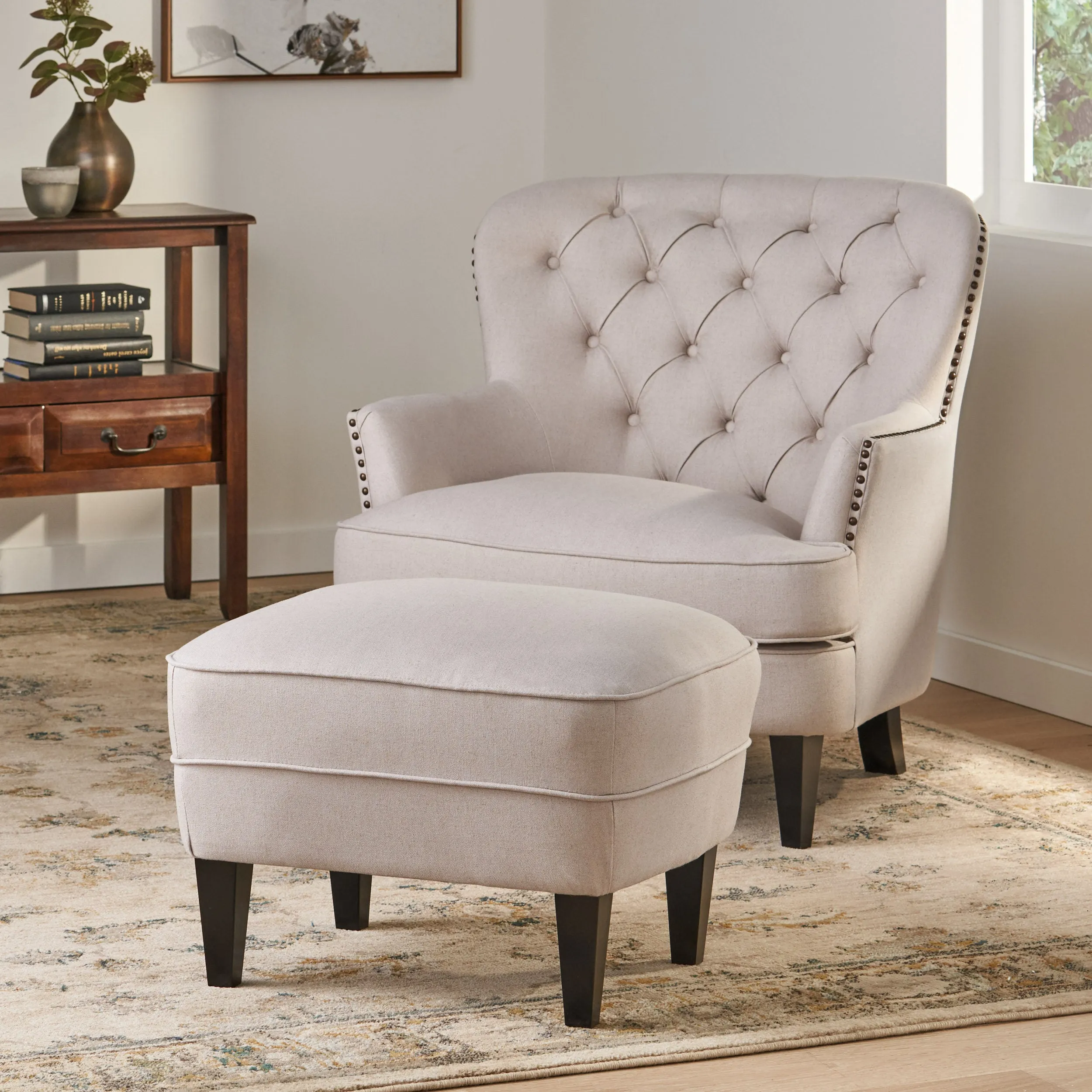 Button Tufted Upholstered Club Chair With Footstool - NH295992
