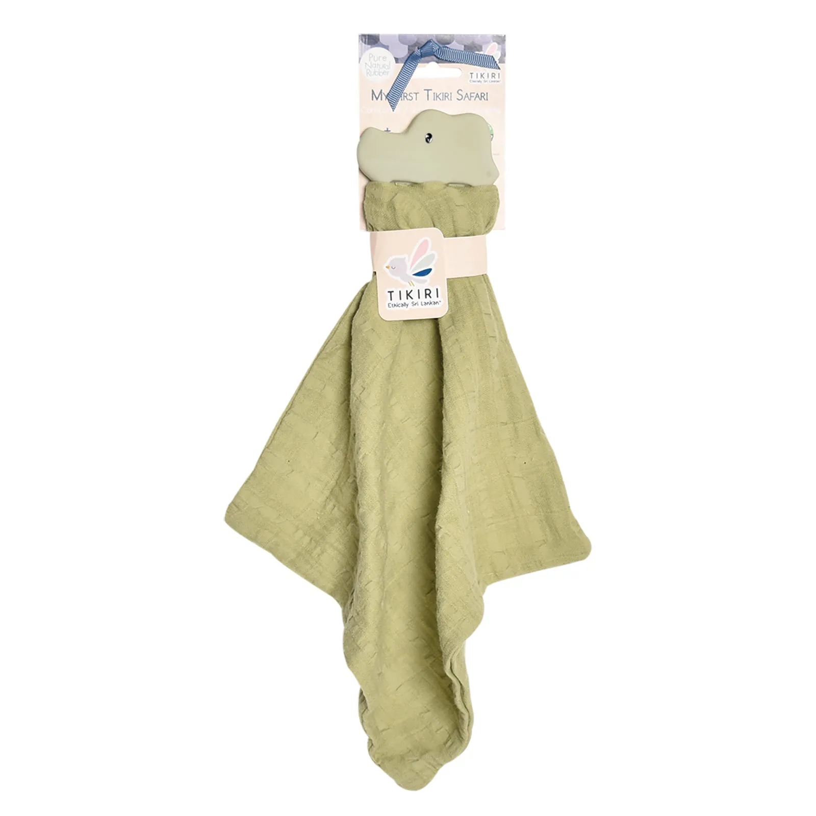 Crocodile Lovey-Olive Green Muslin with Organic Natural Rubber Teether