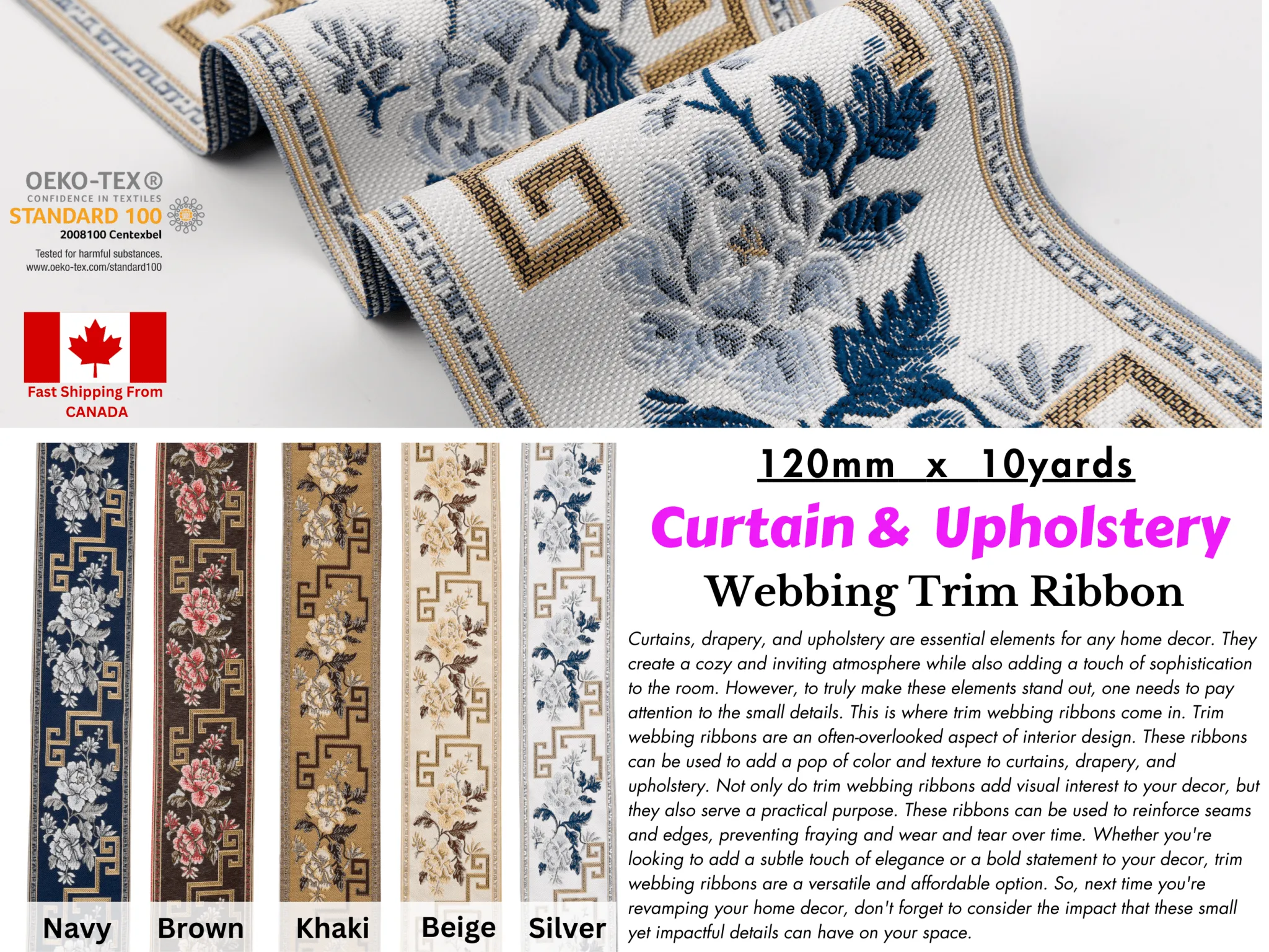 Curtain &  Upholstery Webbing Trim Ribbon 120mm , 10yards Pack