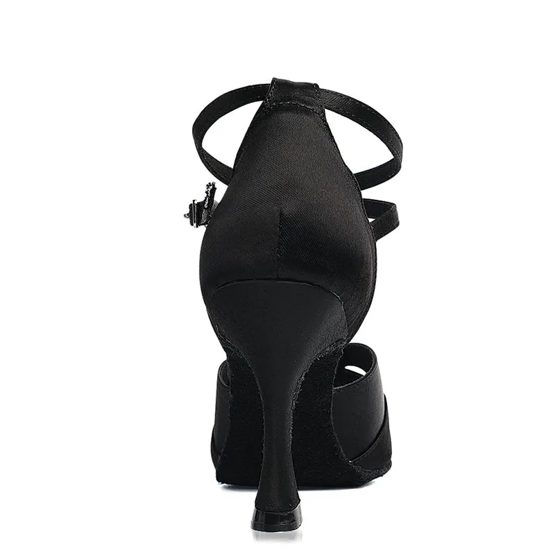 #D851 Latin Dance Shoes - Black Satin - Salsa - Ballroom