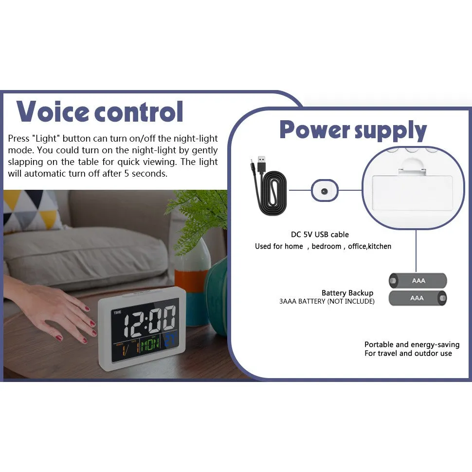 Digital LCD Alarm LED Table Clock with Large Display, BackLight Voice Control, World Time, Timer, Calendar