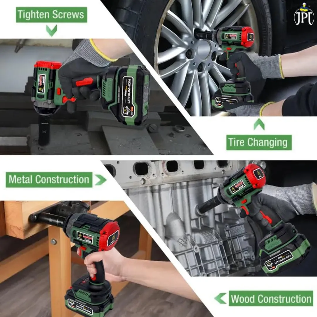 JPT Combo 1/2 Inch Pro Series Heavy Duty Brushless Cordless Impact Wrench/Gun, 406Ft-lbs (550Nm) High Torque, 3650RPM, 2x 4.0Ah Batteries & Fast Charger with 10Pcs Socket (18 Months Motor Warranty)