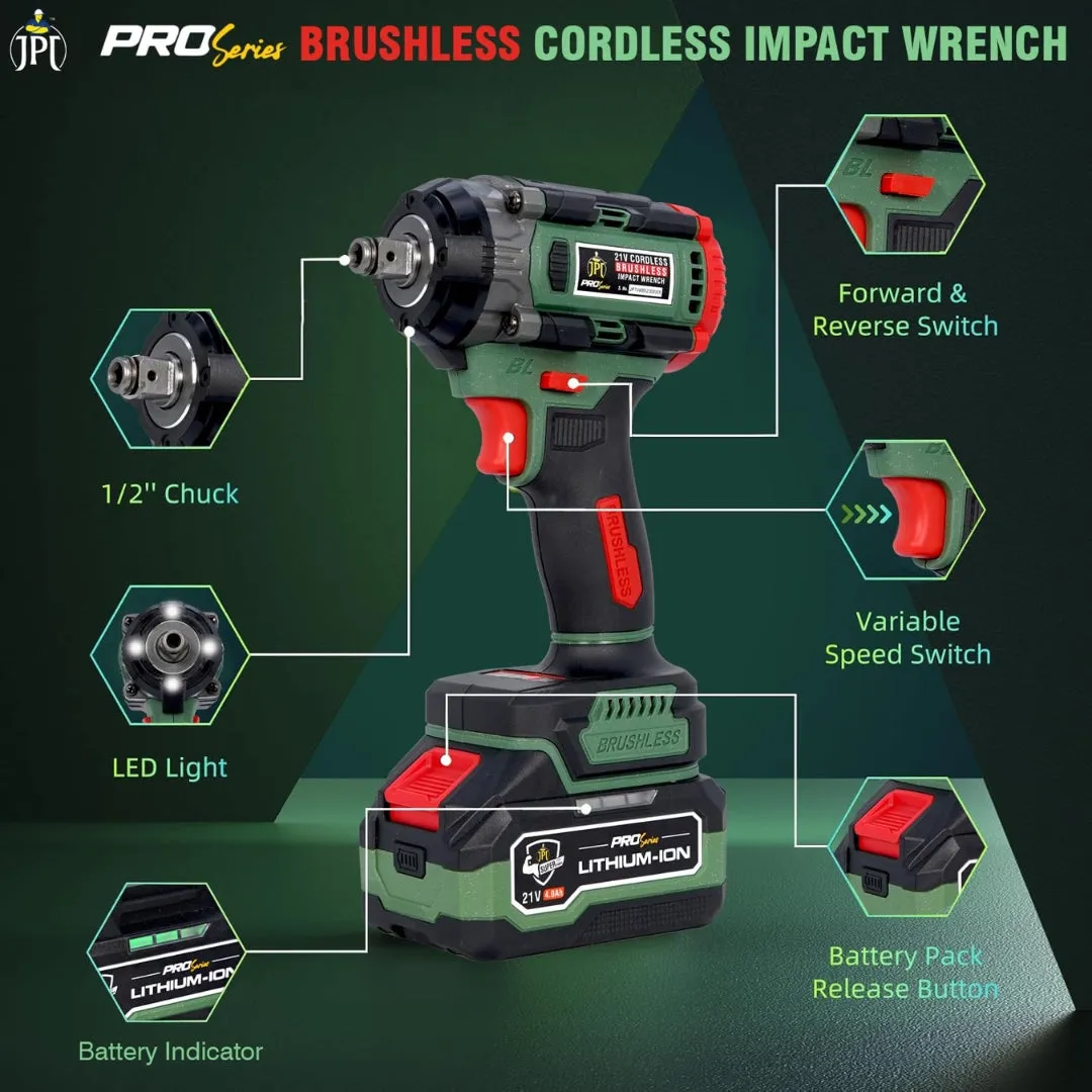 JPT Combo 1/2 Inch Pro Series Heavy Duty Brushless Cordless Impact Wrench/Gun, 406Ft-lbs (550Nm) High Torque, 3650RPM, 2x 4.0Ah Batteries & Fast Charger with 10Pcs Socket (18 Months Motor Warranty)