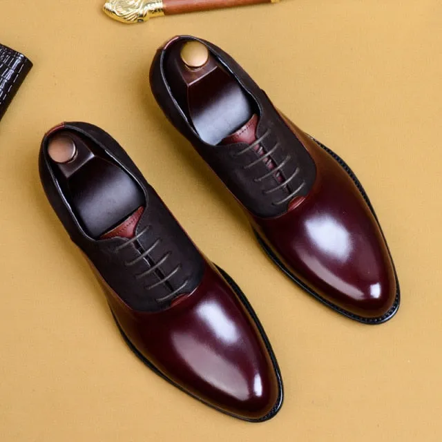 Men's Genuine Leather Pointed Shiny Toe Lace Up Patchwork Shoes