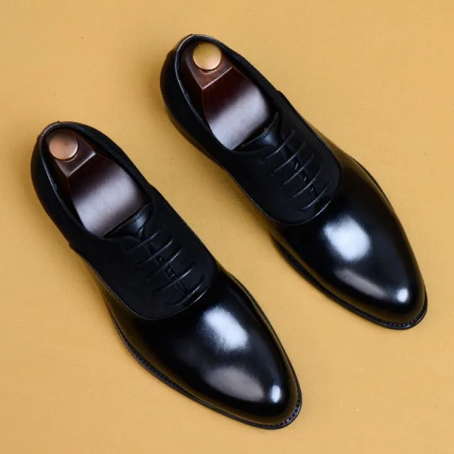 Men's Genuine Leather Pointed Shiny Toe Lace Up Patchwork Shoes