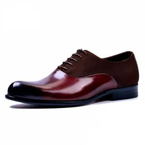 Men's Genuine Leather Pointed Shiny Toe Lace Up Patchwork Shoes