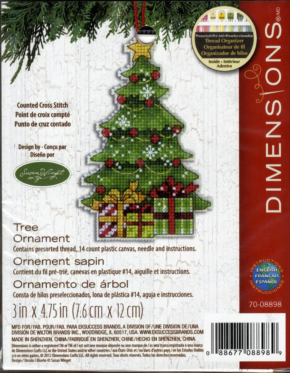 TREE ORNAMENT, Counted Cross Stitch Kit, 14 count plastic canvas, size 3" x 4,75", DIMENSION (70-08898)